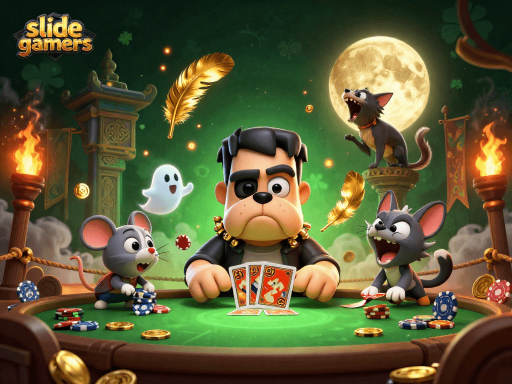 Engage with slidegamers at a thrilling casino table, where animated characters deal cards amidst floating chips and golden accents.