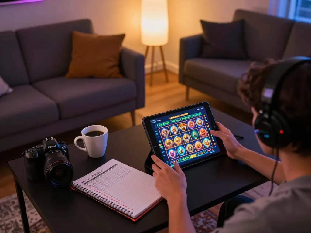 Person strategizing bankroll management on sc88vn while playing colorful slot games from a cozy living room