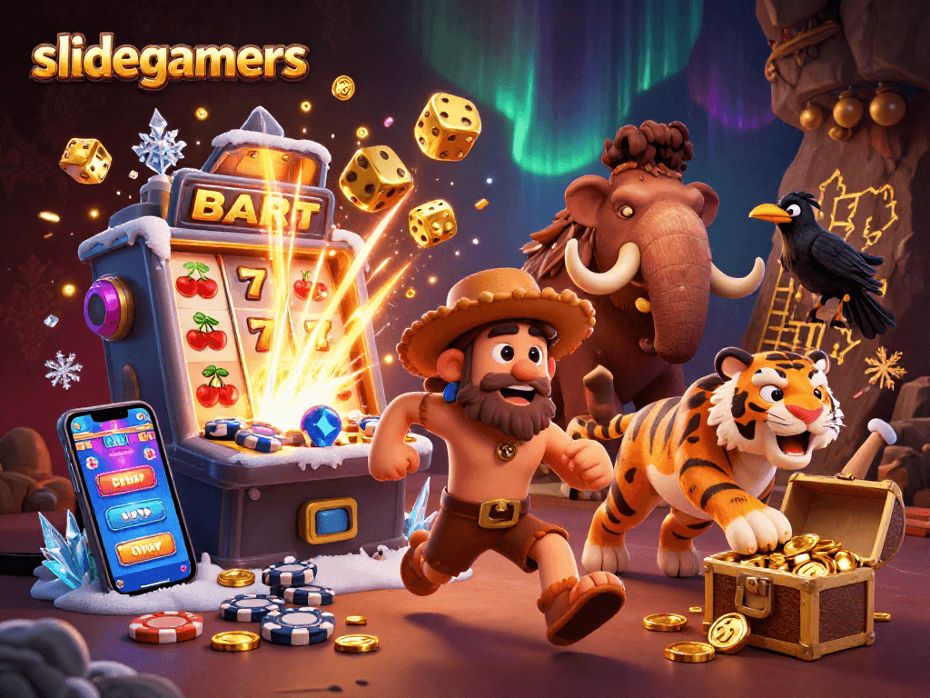 Experience thrilling gaming at slidegamers with this vibrant casino scene featuring colorful slot action.