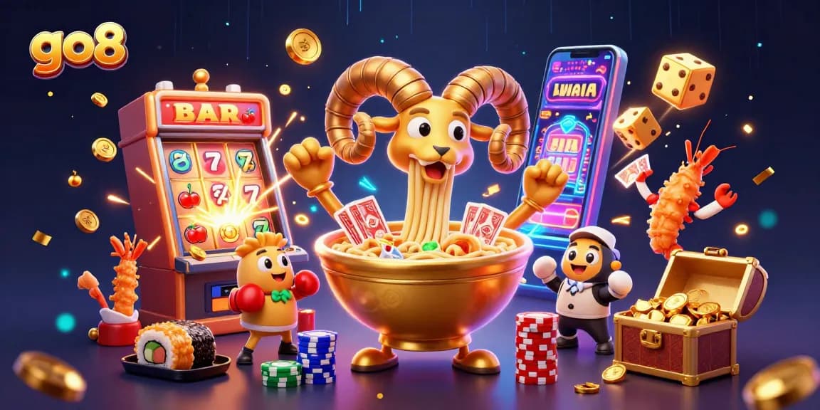 Experience exciting slots and jackpots at Go8 with a giant ramen bowl character surrounded by casino elements.