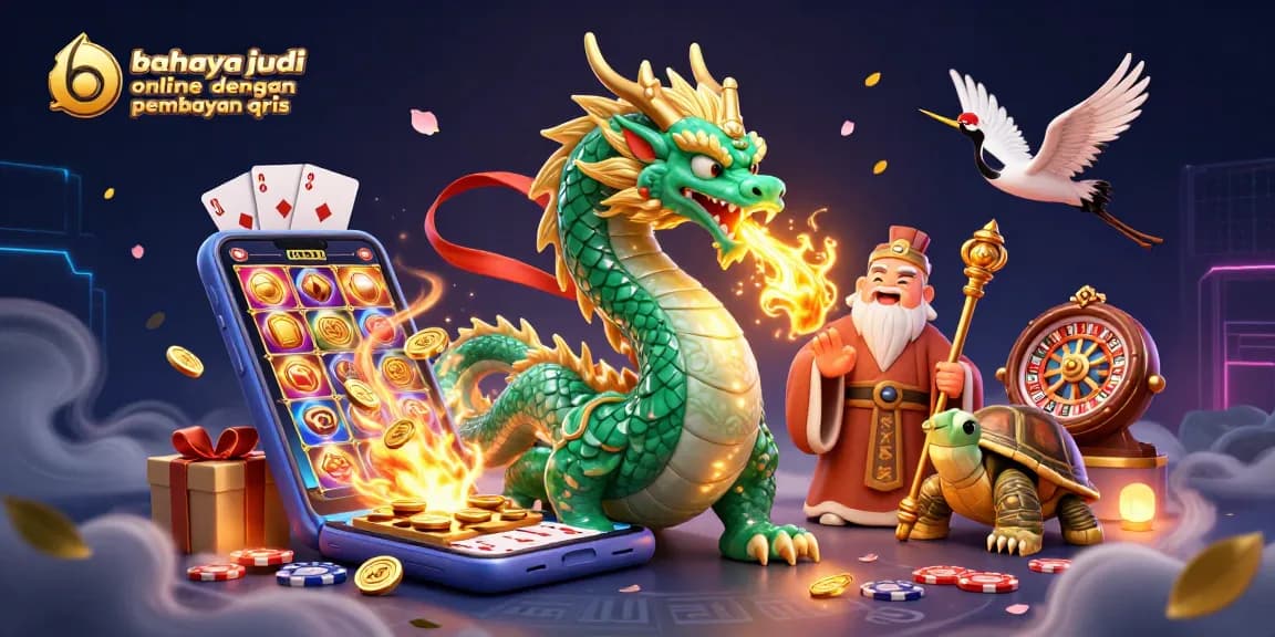 Engage with risks of online gambling payments via qris in a vibrant gaming illustration.