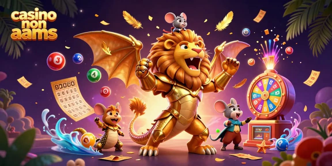 Scena coinvolgente di un casinò non AAMS con una chimera e un fantino topo tra elementi di gioco vibranti.