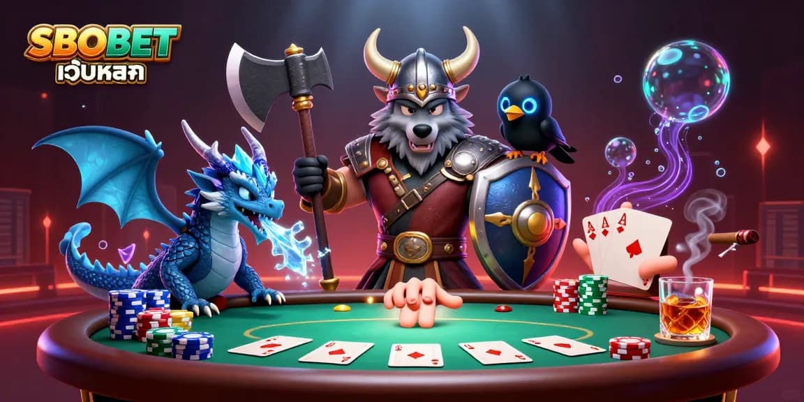 Engage with SBOBET เว็บหลัก in a vibrant poker scene featuring a Viking warrior, dragon, and poker elements.