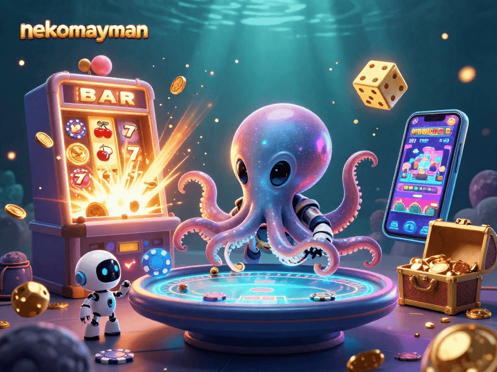 Spin and win with nekomayman in a vibrant, dynamic casino scene featuring 3D characters and slot machines.