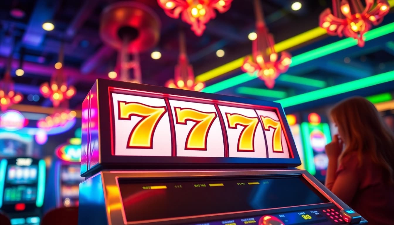 Mainkan slot 777 dengan simbol cerah dan suasana kasino yang berenergi.
