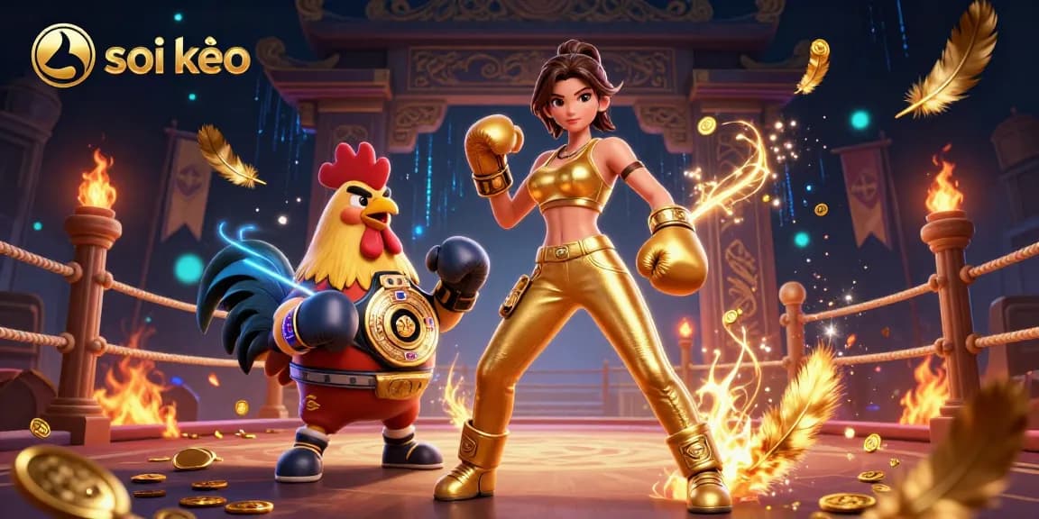 Soi kèo betting action featuring a championship-themed illustration with dynamic characters and vibrant casino elements.