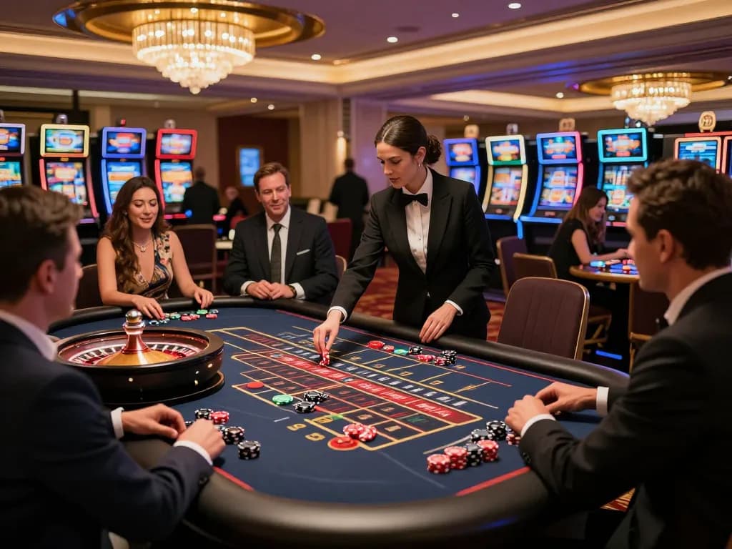 Players engaging in thrilling roulette at g28 casino, vibrant atmosphere with colorful chips.