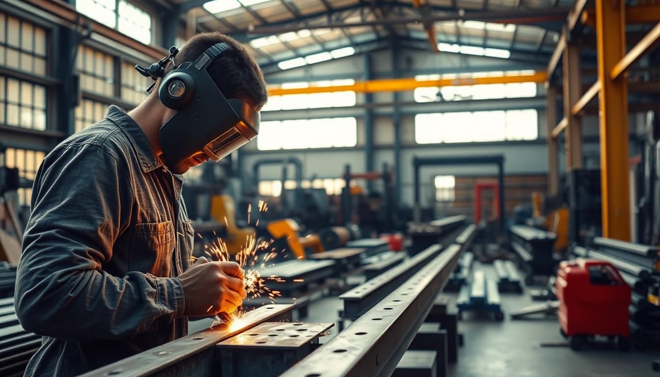 Showcasing custom steel fabrication in a workshop, skilled fabricators engaged in metalwork.