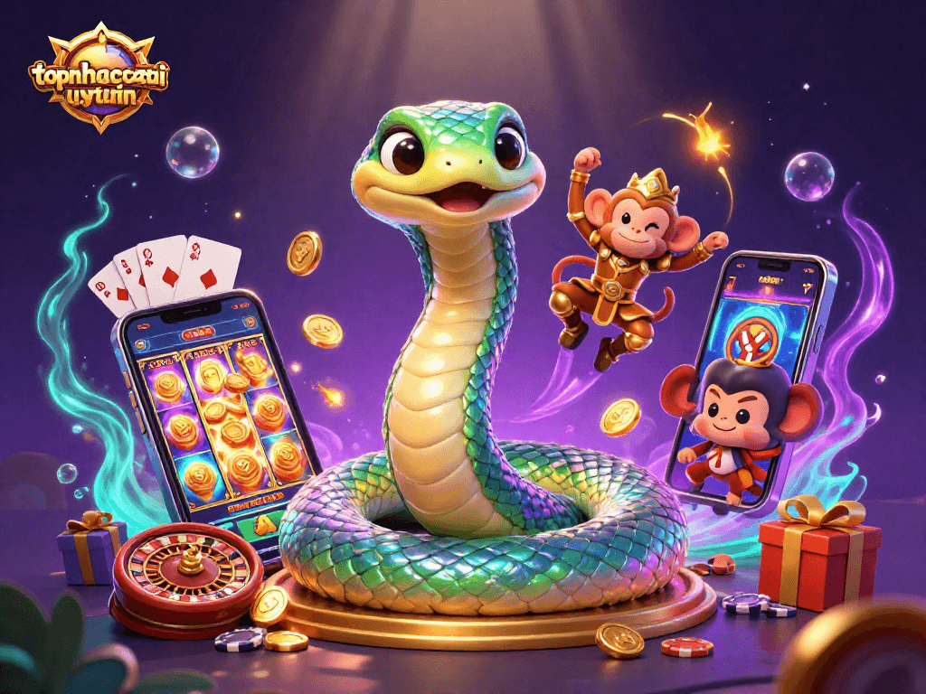 Experience the excitement of topnhacaiuytinn with dazzling characters and casino elements, including spinning slot reels and golden coins.