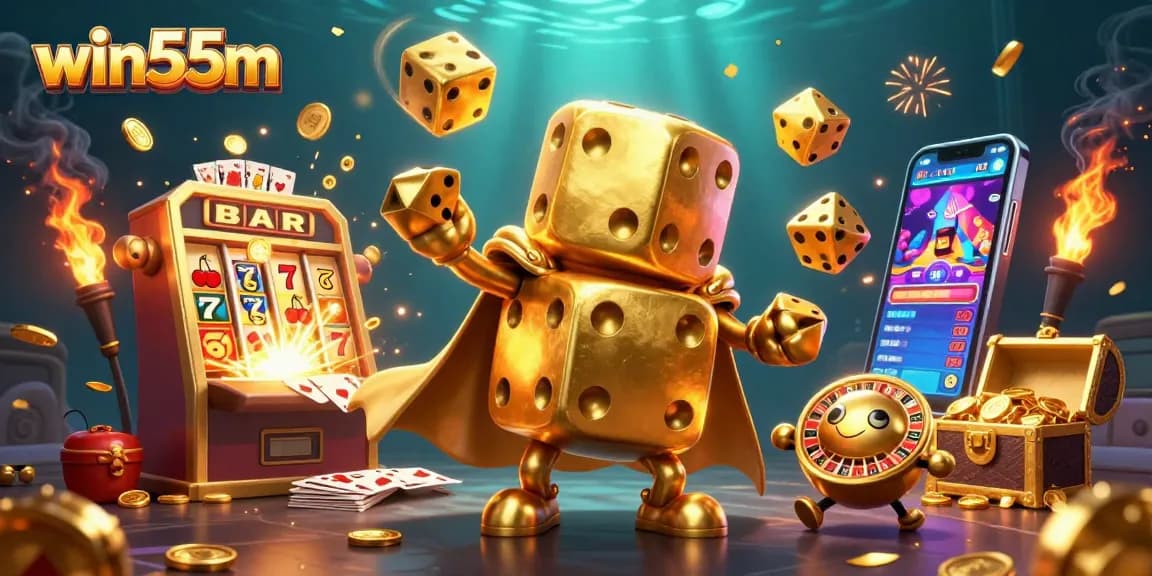 Experience the exciting world of win55m with golden dice and colorful game elements for immersive gambling fun.