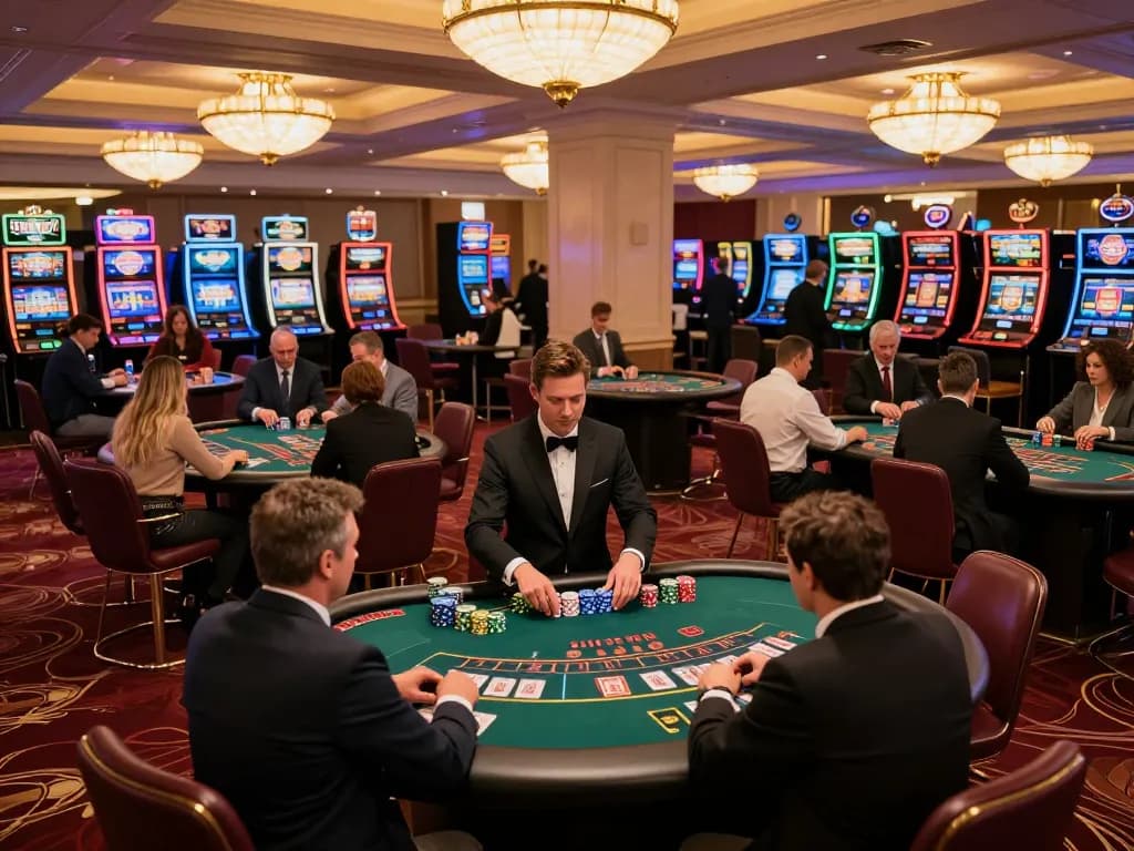 Engaged players at a blackjack table enjoying ดูหนังออนไลน์ in a luxurious casino atmosphere.