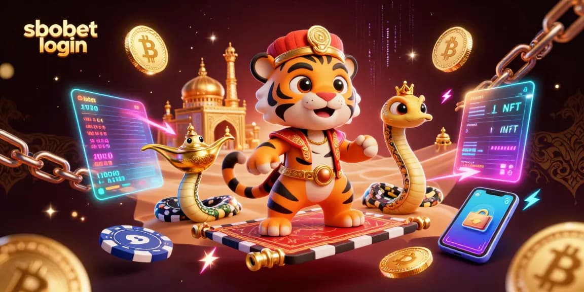 Experience sbobet login with a dynamic scene of an Arabian-themed sultan and crypto elements.