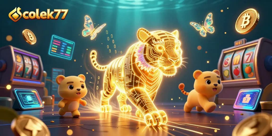 Experience the excitement of daftar colek77 with a dynamic casino scene featuring a digital neon tiger and crypto coins.