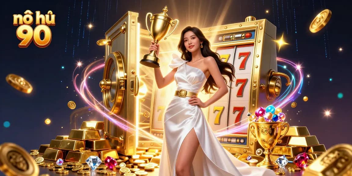 Nổ hũ 90 illustrates a victorious Asian woman amidst slots and jackpot symbols, celebrating her win.