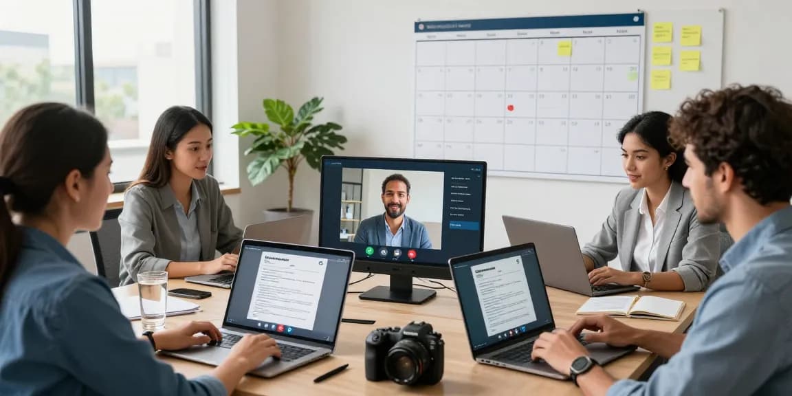 Hire employees in Latin America with a professional team collaborating remotely in a modern office