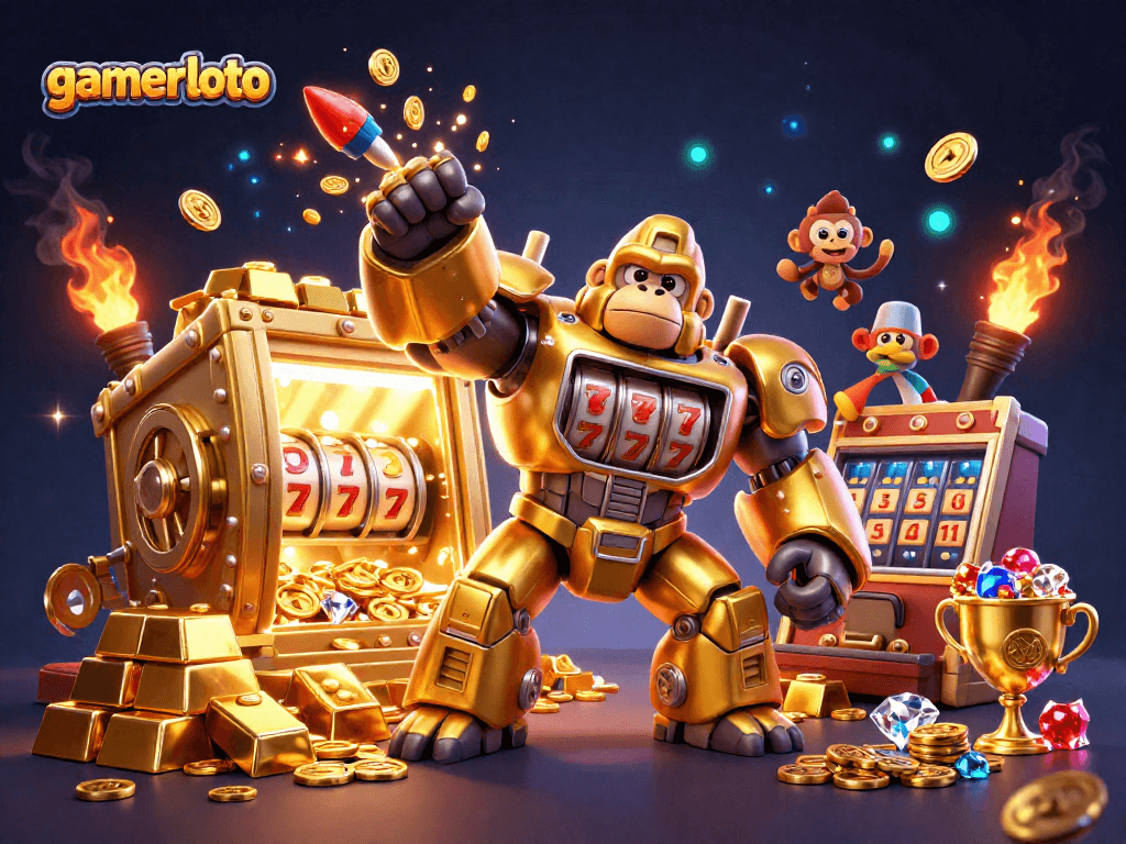 Gamerloto showcases a dynamic casino scene with a gorilla mech celebrating jackpot wins amidst sparkling treasures.