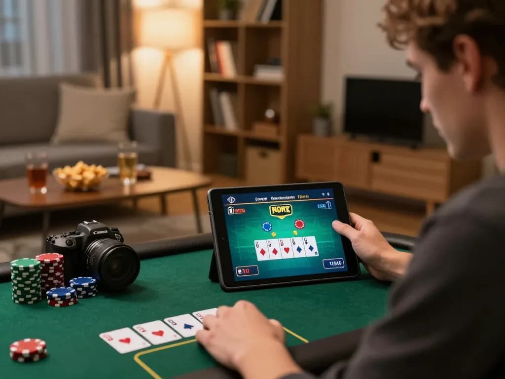 Pemain terlibat dalam poker di tablet yang menunjukkan antarmuka paris888 dengan dekorasi rumah yang nyaman.