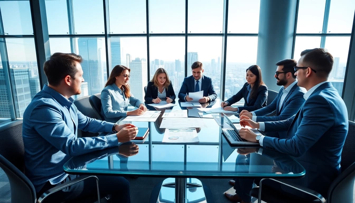 Illustration showing a business meeting focused on Acquisition Planning/Strategy Capture Management in a modern setting.