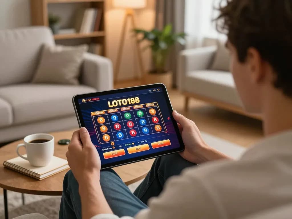 LOTO188 player engaged in online gaming, illustrating a responsible gambling environment with a cozy setup.