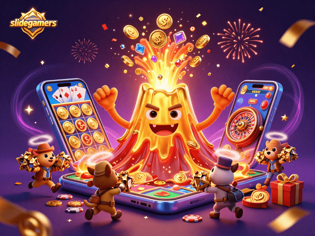 Experience the thrill of slidegamers as the victorious golden volcano erupts treasures around playful explorers.