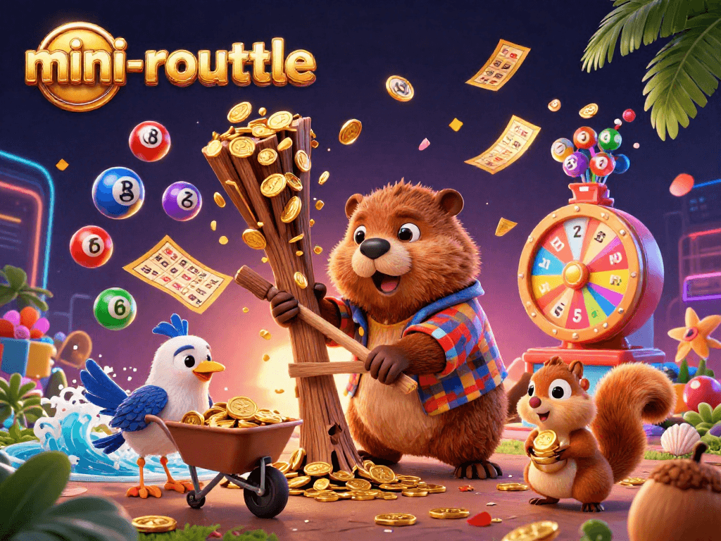 Experience the excitement of mini-roulette with playful characters and vibrant gaming elements celebrating a jackpot.