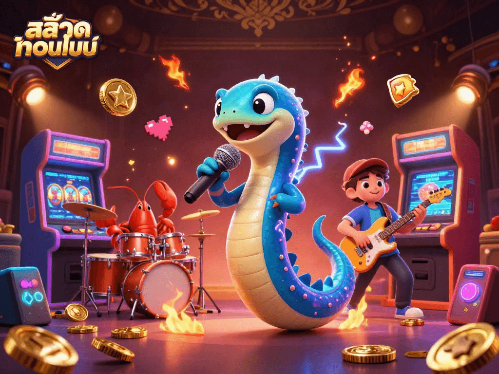 Play สล็อตออนไลน์ with lively characters in an underwater casino setting, showcasing slot reels and neon game elements.