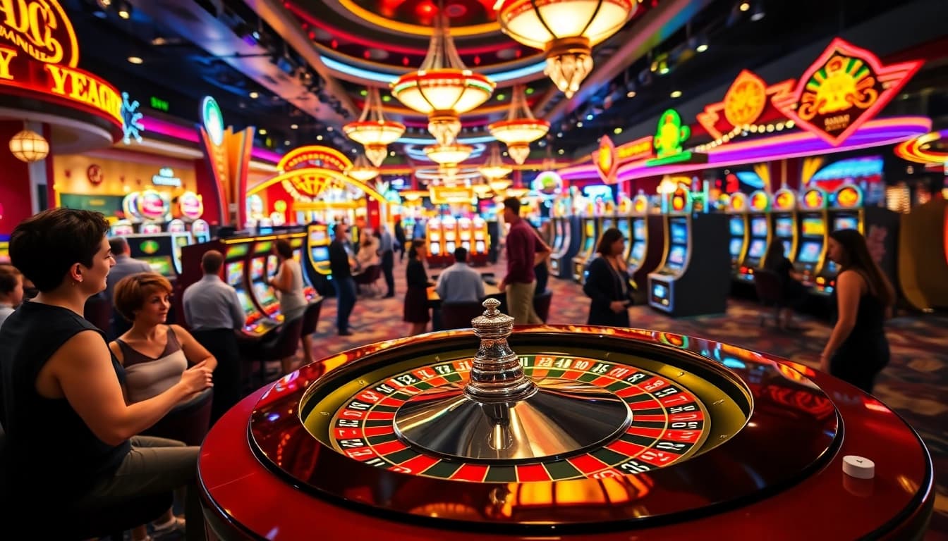 Experience Vegas hero excitement on a vibrant casino floor filled with neon lights and players.