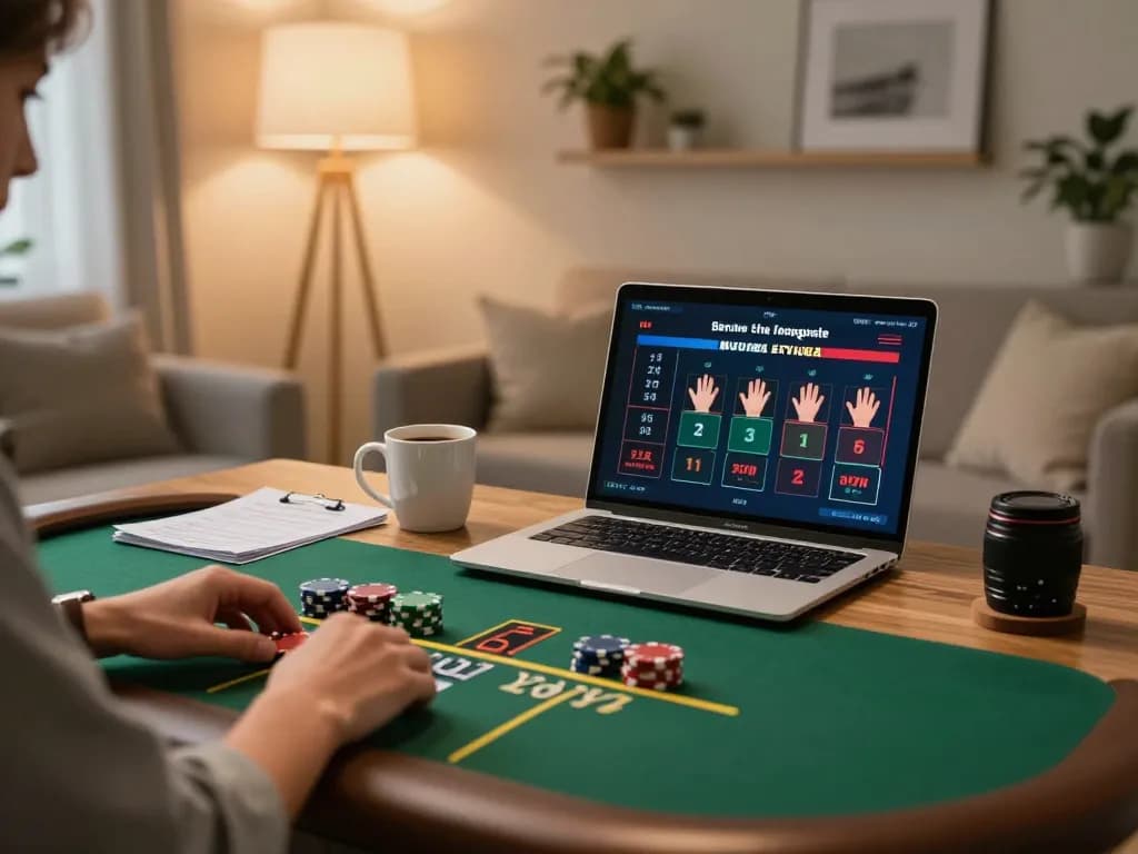 DABET enhances online blackjack strategy from a cozy home office setup, showcasing gaming focus.