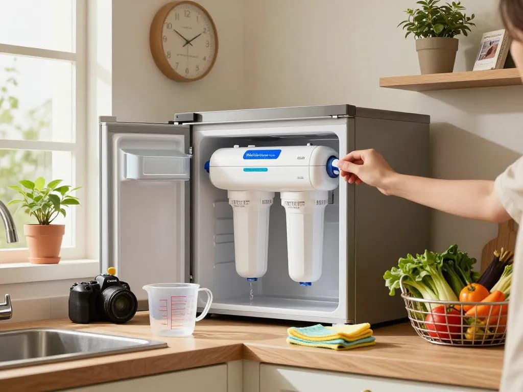 Installing Maxblue MB-F38 Replacement for W10295370A water filter in a modern kitchen.
