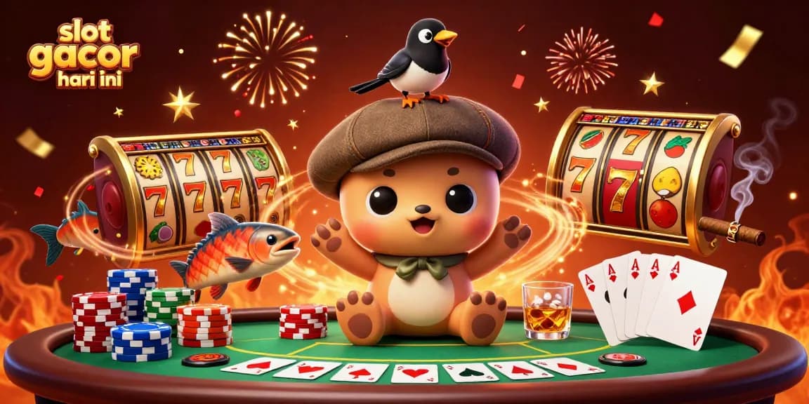 Menangkan slot gacor hari ini dengan karakter menarik dalam ilustrasi kasino yang meriah dan penuh warna.