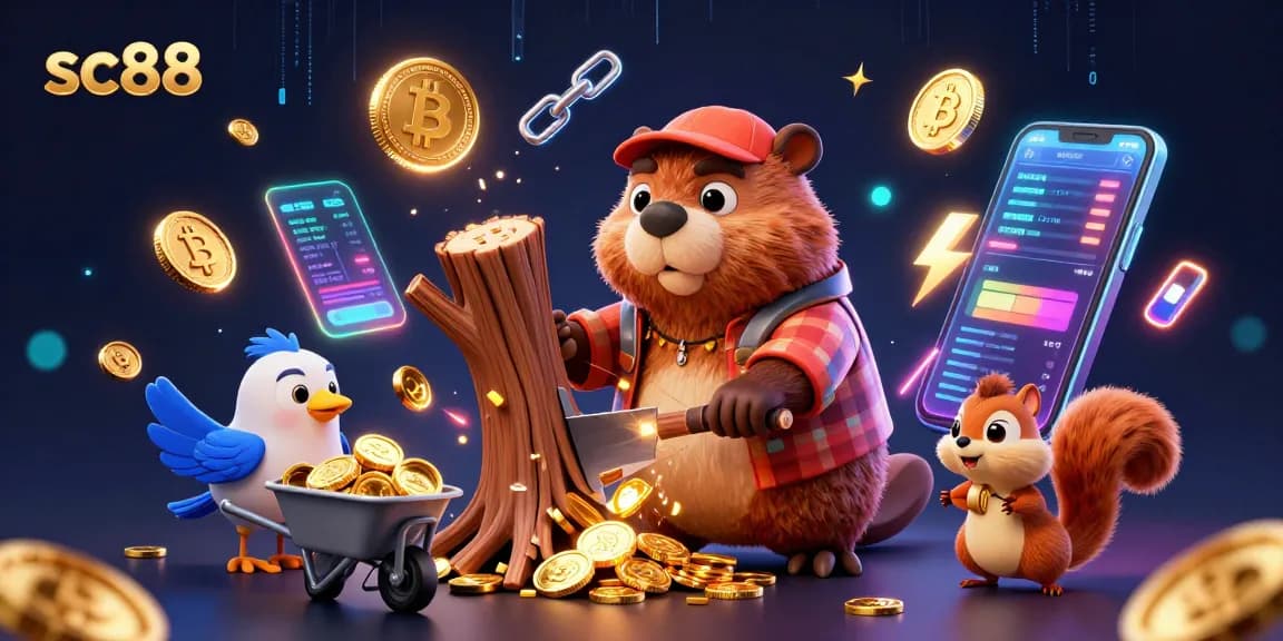 Experience sc88's vibrant world with a 3D beaver and friends enjoying crypto-themed casino fun.