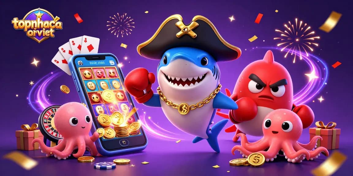 Engage in gaming excitement at topnhacaiviet with fun characters amid vibrant casino elements.