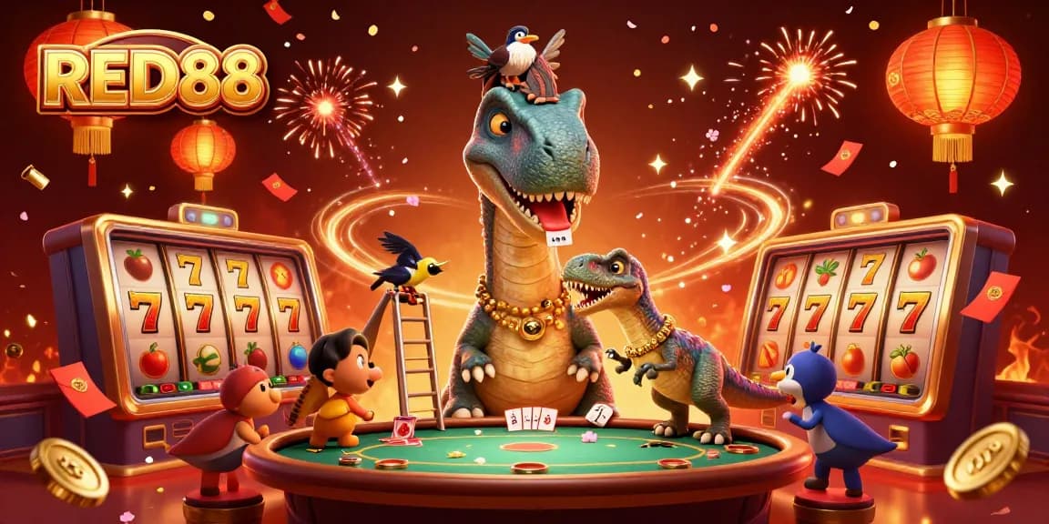 Engage with RED88 in an exciting casino scene featuring a tall brontosaurus and clever raptor with vibrant slots.