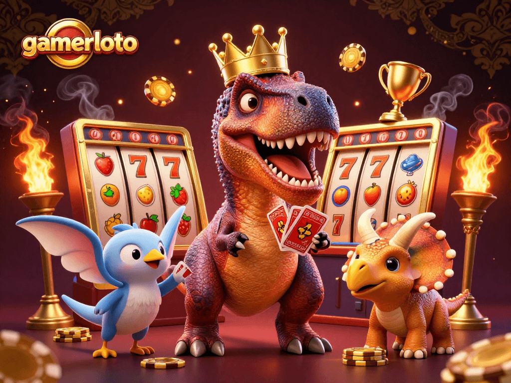 Experience the excitement of gamerloto with vibrant 3D casino characters and dynamic slot machine elements.