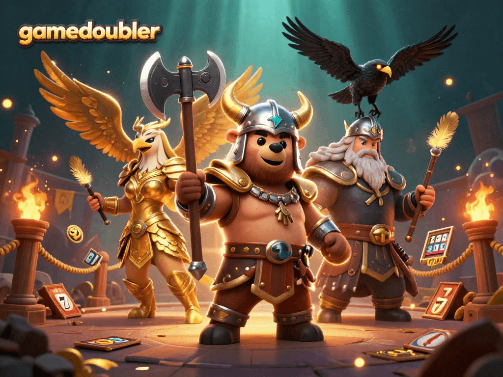 Engage in the exciting world of gamedoubler with a vibrant casino scene featuring animated characters and slot game elements.