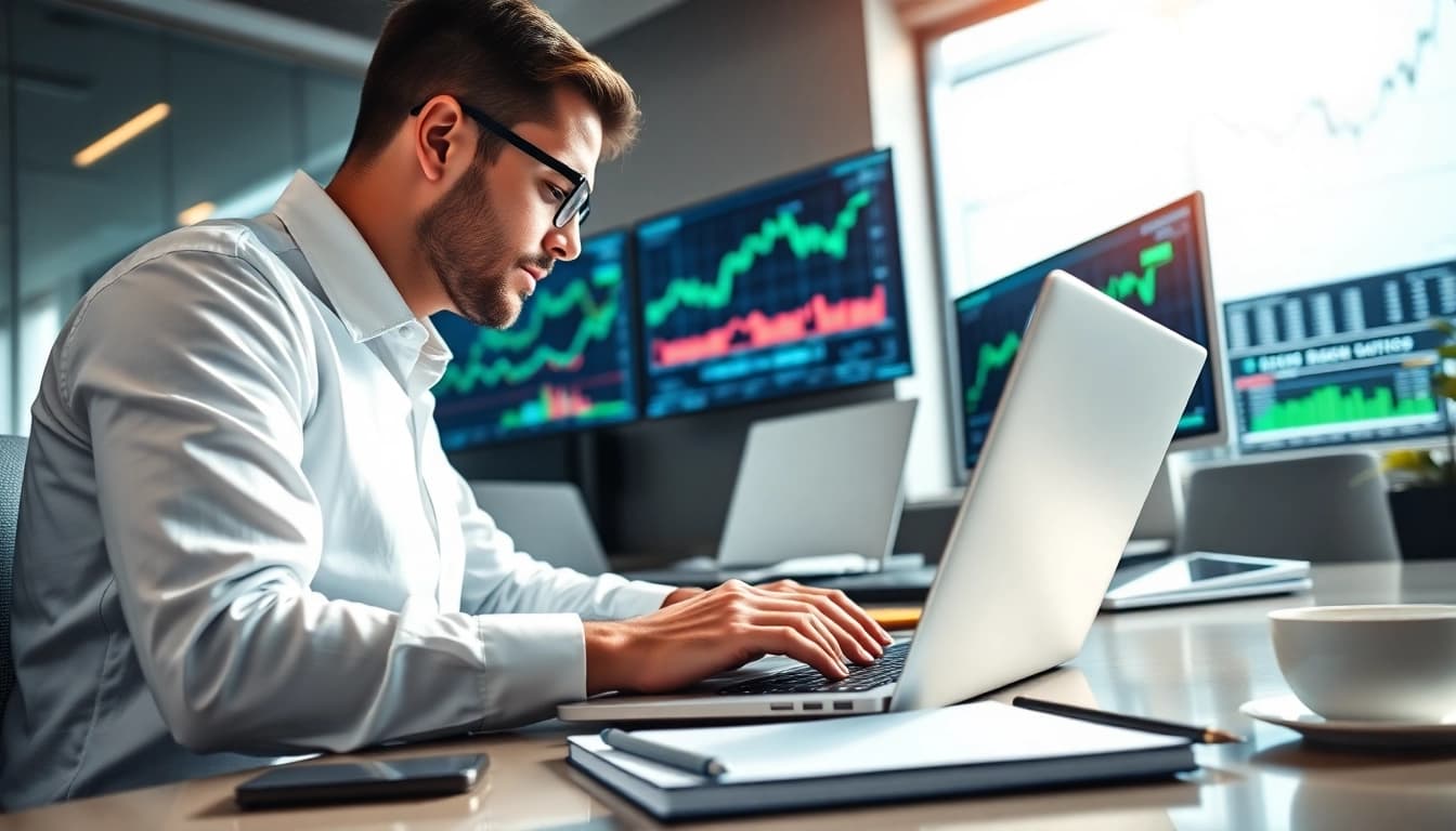 Sway markets stock analysis in a bright, modern office setting.