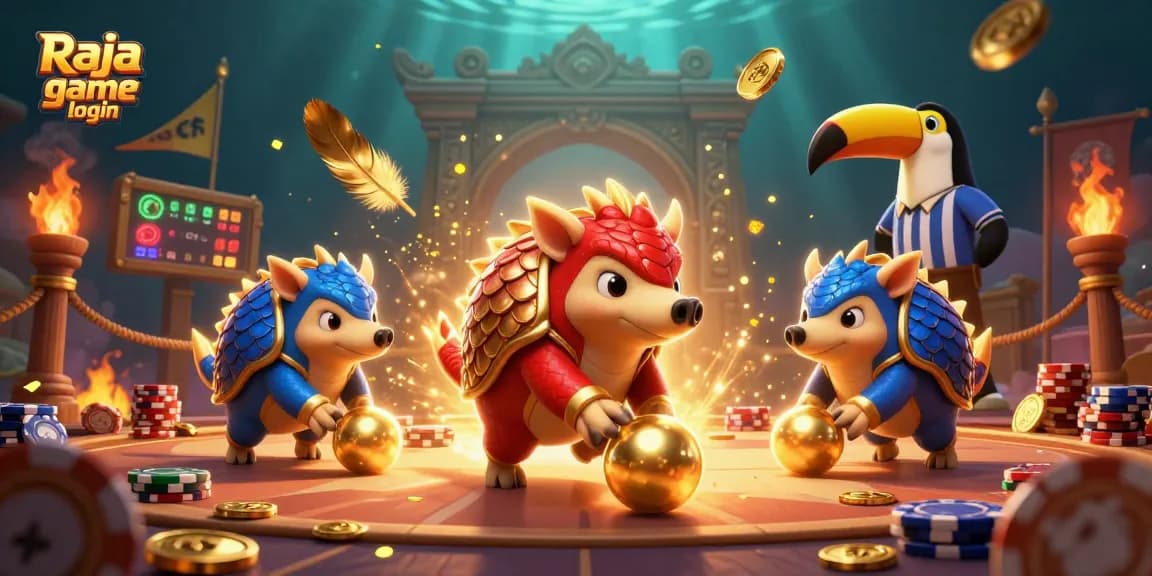 Experience the thrill of Raja game login with rival pangolins competing in a vibrant casino battle.