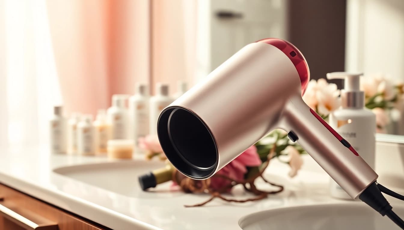 Enhance your styling routine with a sleek hair dryer for frizzy hair, set amidst elegant accessories.