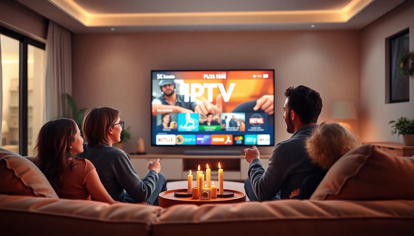 Family watching IPTV Suisse on a flat-screen TV in a cozy living room, sharing smiles and enjoyment.