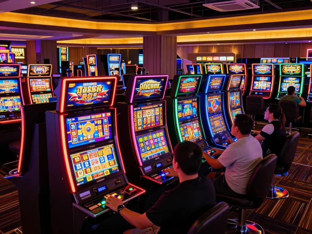Players engaging with colorful slot machines at a situs slot gacor casino, showcasing excitement and entertainment.
