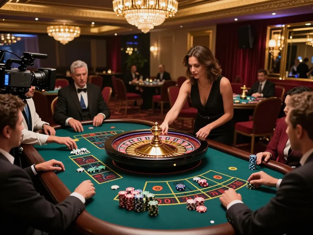 Players placing strategic bets at a roulette table in a luxurious casino showcasing n188 excitement in the air.