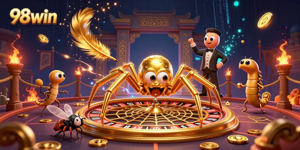 Place bets at 98win's roulette wheel, featuring a golden spider and vibrant casino elements.