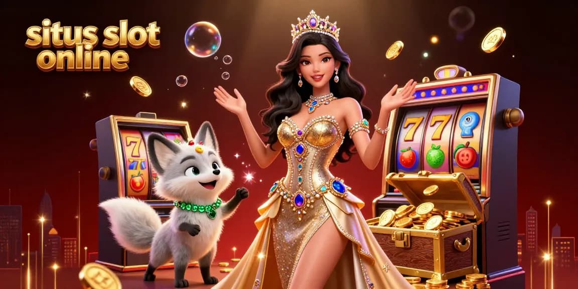 Experience situs slot online with dynamic slot reels and golden coins in a vibrant casino scene.