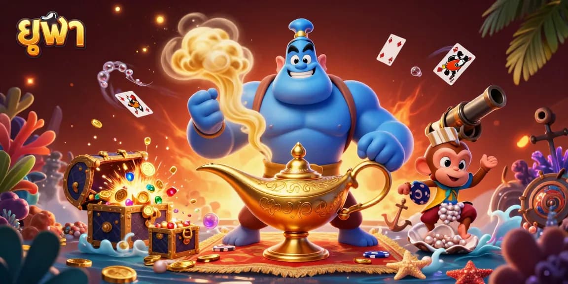 Experience the excitement of ยูฟ่า with a captivating casino-themed 3D illustration featuring fantastical characters and game elements.
