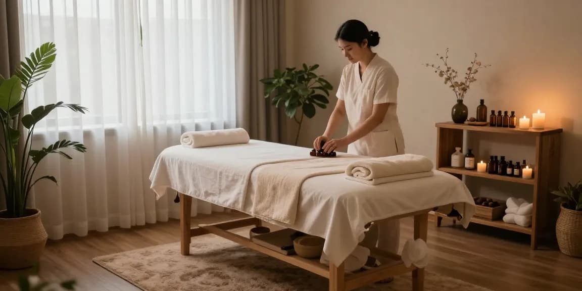 Relaxation in a massage room showcasing https://www.makangs.com/region/국내/서울-/마사지-스웨디시 setup with serene atmosphere and essential oils.