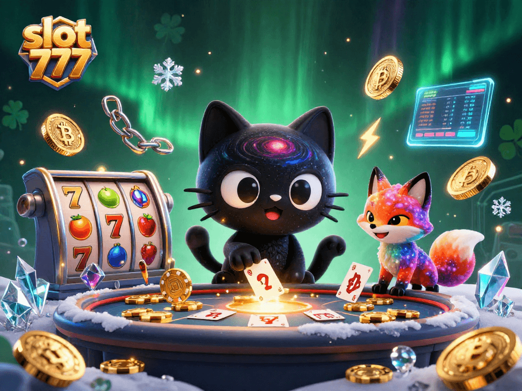 Engage with slot 777 visuals featuring a playful black hole cat and nebula fox at a cosmic casino.