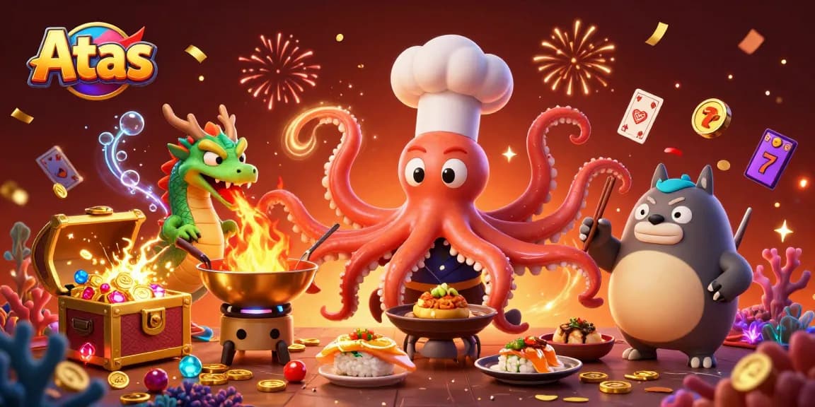 Atas Casino's sushi chef octopus and dragon create vibrant gaming excitement with gold coins.