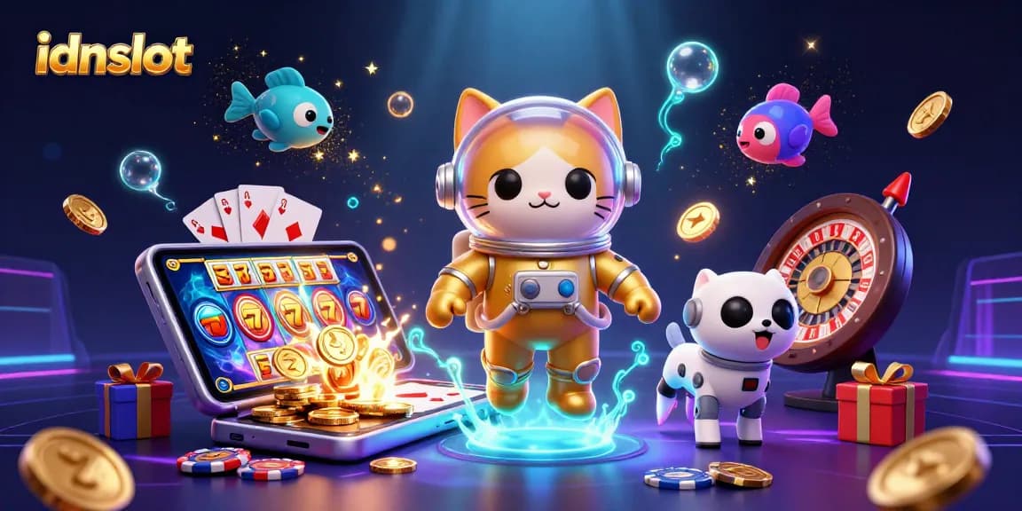 Experience the thrilling action of idnslot with an astronaut cat and dynamic slot elements in a vibrant scene.