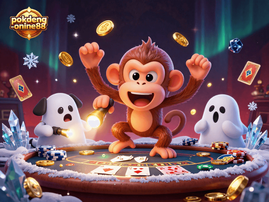 Engage with pokdeng-online88 in this vibrant poker-themed casino illustration featuring a playful monkey and a curious puppy.