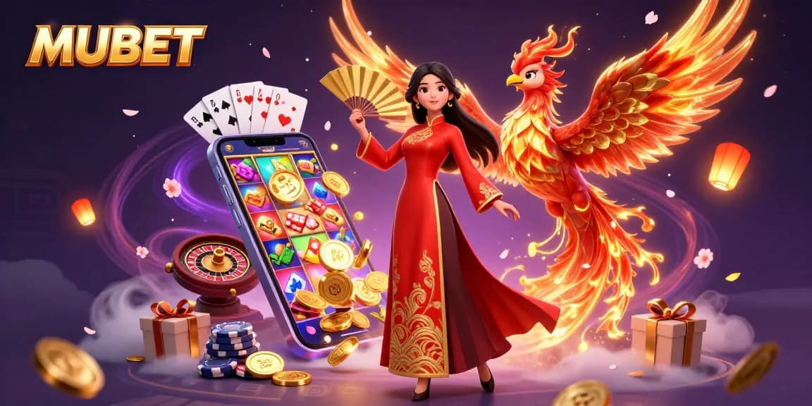 Experience MUBET's exhilarating slots with a graceful woman and a phoenix in a vibrant casino scene.